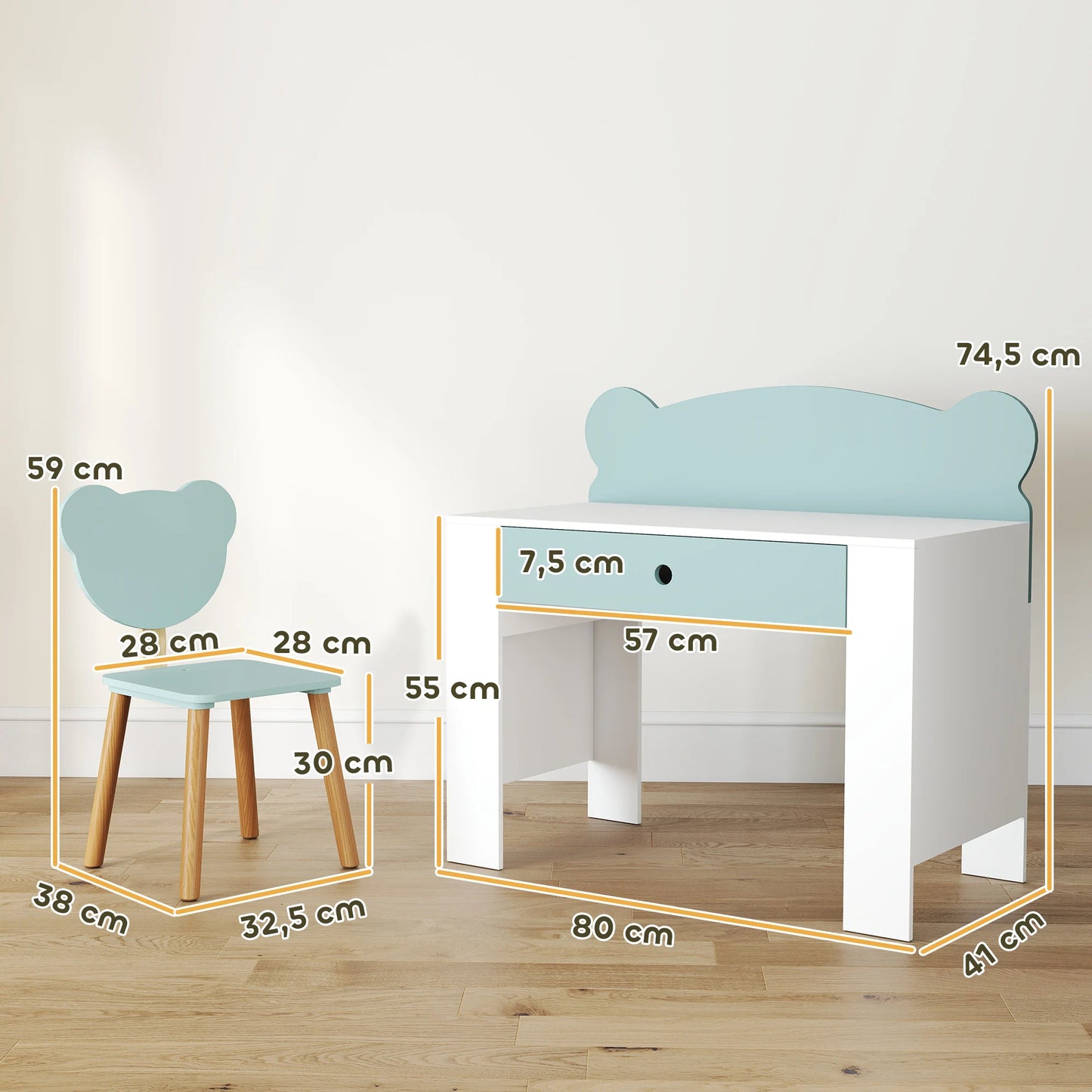 Ensemble Bureau + Chaise Enfant AIYAPLAY – Plateau 80 cm, Tiroir, Porte-documents Ourson, Vert, 3-8 ans