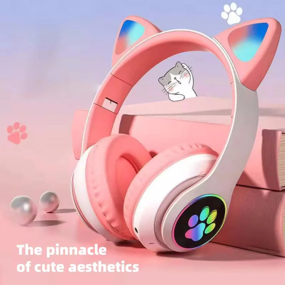 Casque Bluetooth Oreilles de Chat LED – Enfant Fille, Pliable, Sans Fil 5.0
