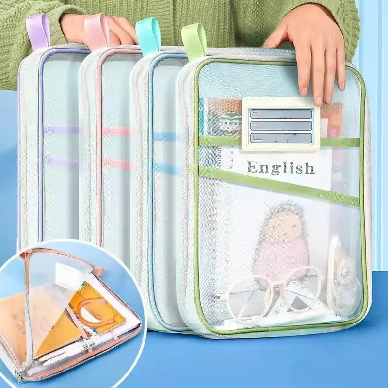 Pochette Rangement A4 Filet – Grande Capacité, Transparente, École & Bureau, Violet ou Bleu