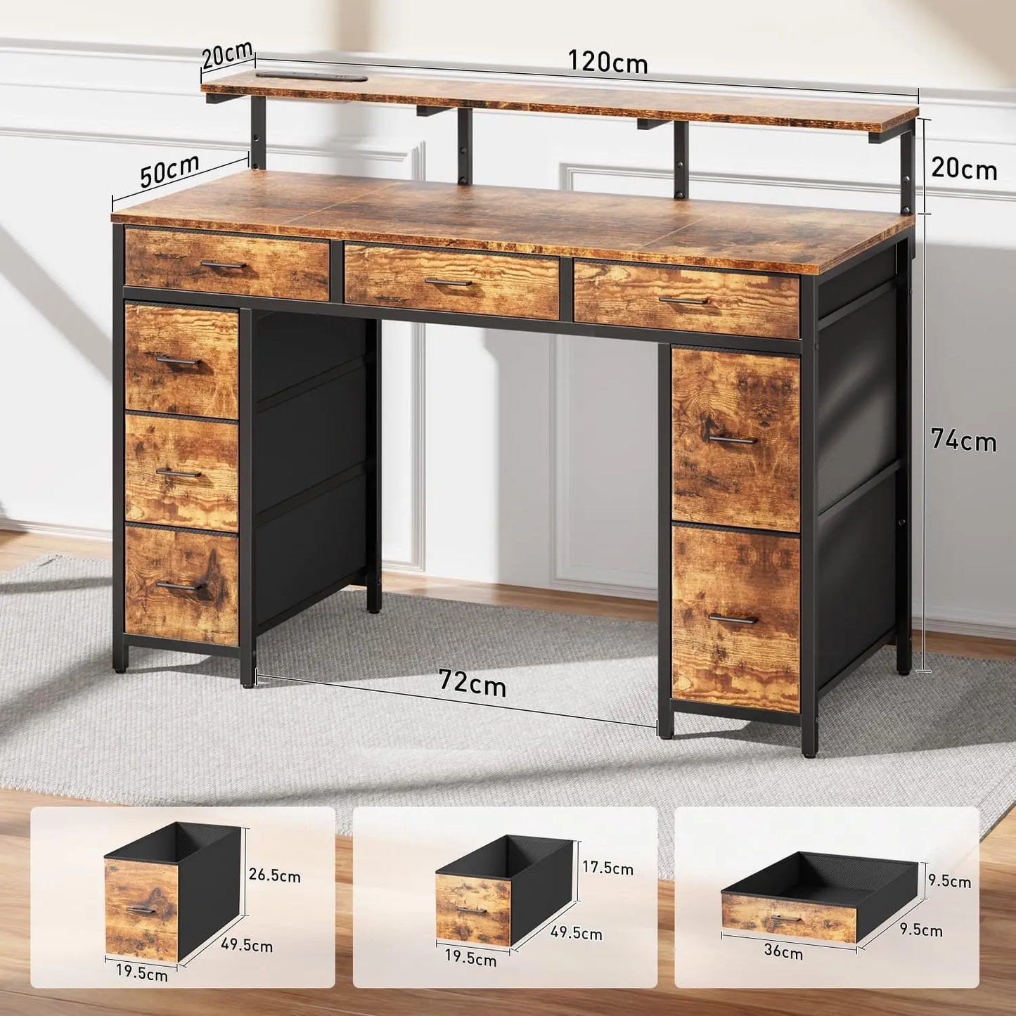 Bureau d'Ordinateur FRODROVIA 120 cm – 8 Tiroirs, LED RGB, Support Écran Réglable, 2 Prises + 2 USB