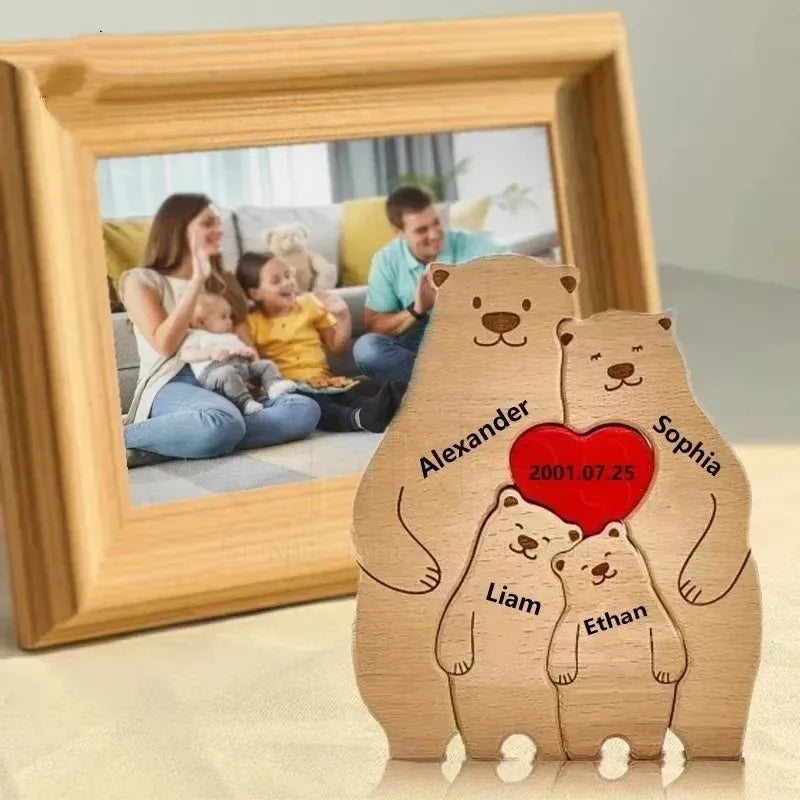 Puzzle en Bois Personnalisé Famille – Oursons avec Prénoms Gravés