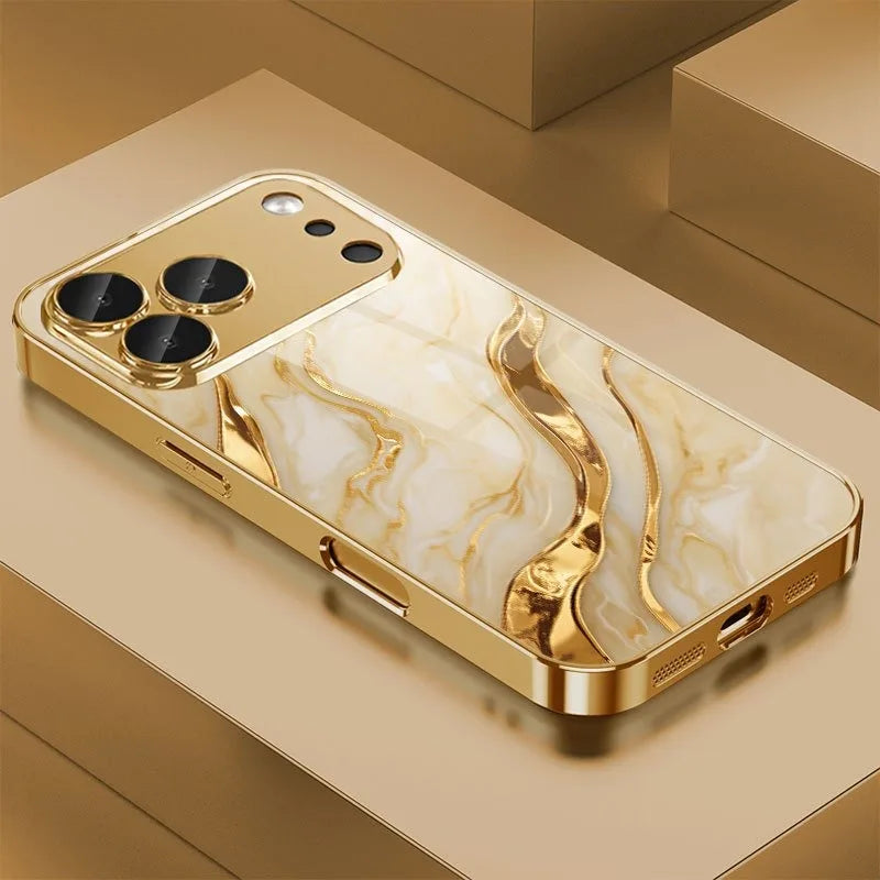 Coque iPhone Verre Trempé Marbre Doré – Anti-Choc, Anti-Rayures, Compatible iPhone 11 à 17