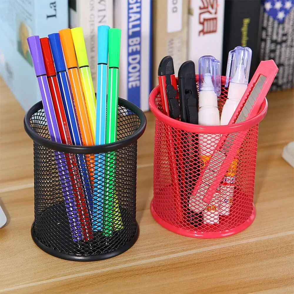 Pot à Crayons en Métal Maillé – Rond ou Carré, 5 Couleurs, Organiseur Bureau