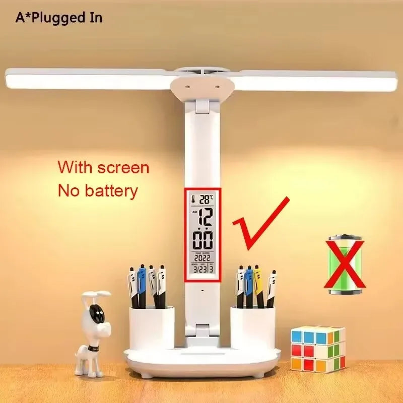 Lampe de Bureau LED avec Horloge & Ventilateur – Interrupteur Tactile, Filaire ou Rechargeable, 3 Modèles