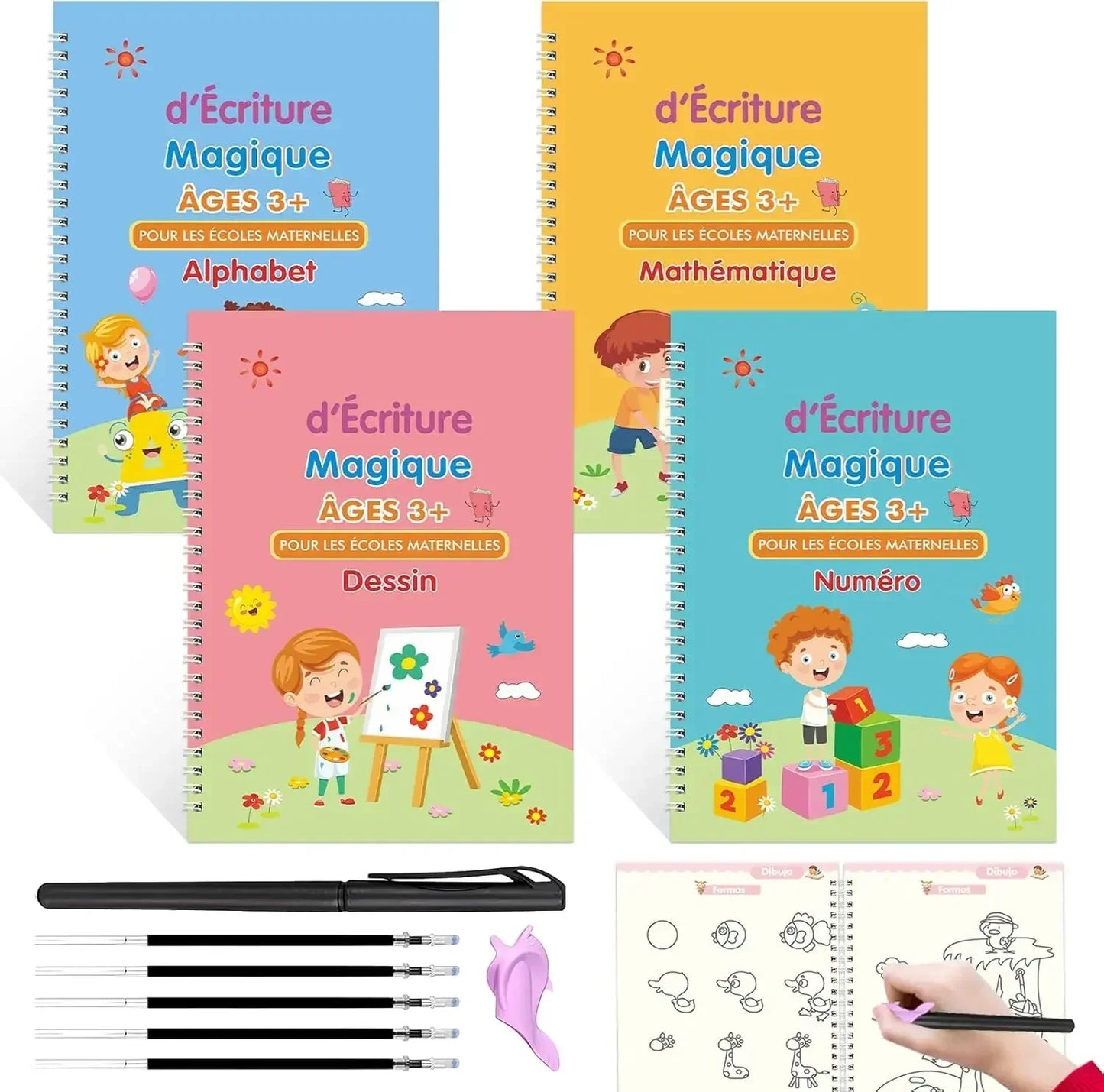 Cahier Magique Réutilisable – Alphabet, Chiffres, Maths & Dessin – Enfants – 4 Thèmes