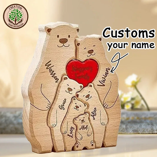 Puzzle en Bois Personnalisé Famille – Oursons avec Prénoms Gravés