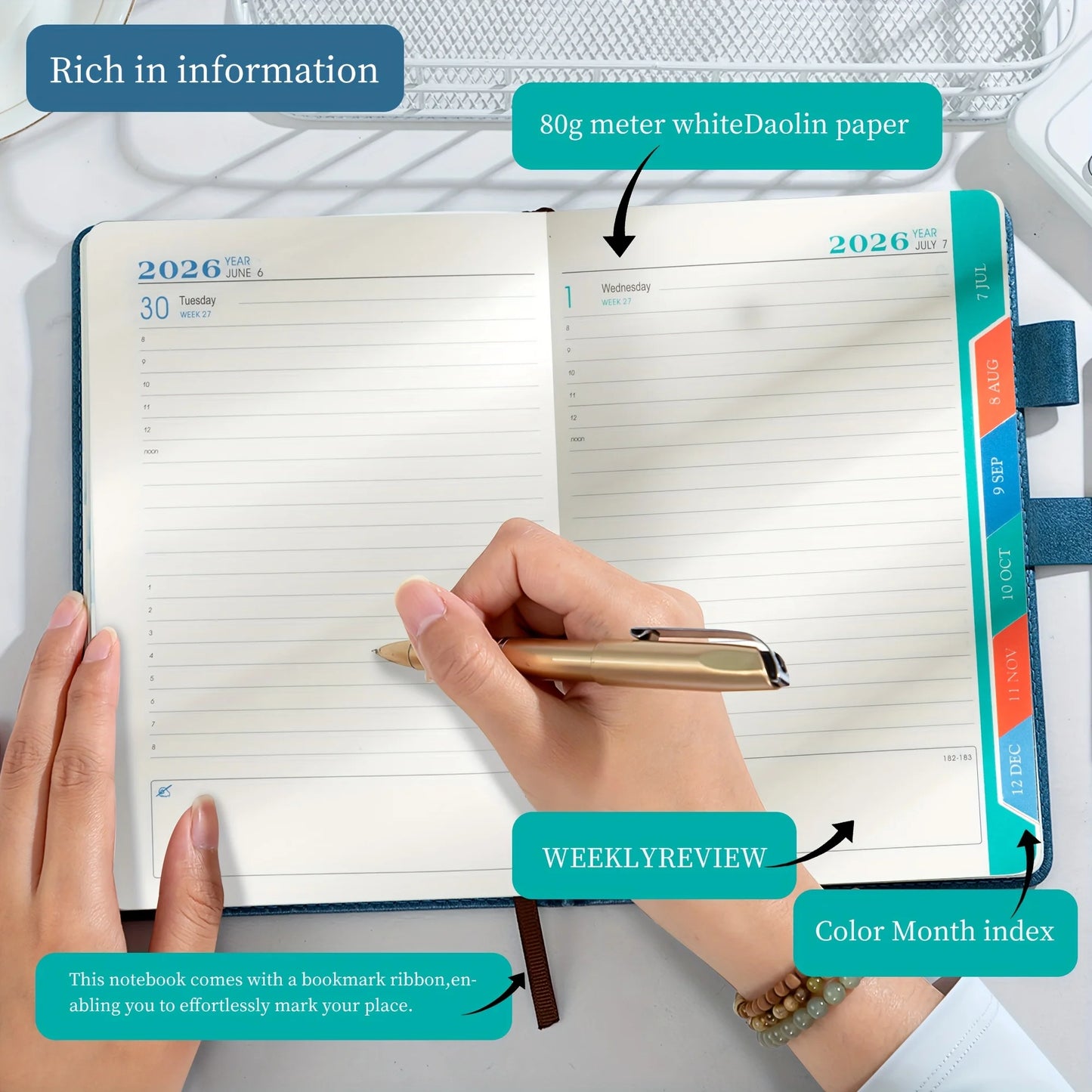 Agenda Planificateur 2026 – Couverture Rigide, Vue Quotidienne – 4 Coloris