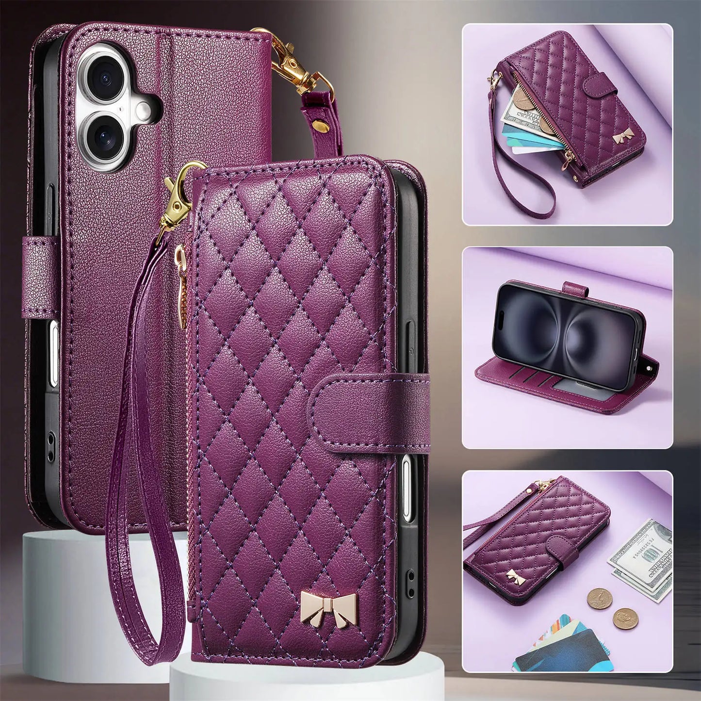 Coque Portefeuille en Cuir Matelassé – Style Sac à Main – iPhone 12 à 17 – 5 Coloris