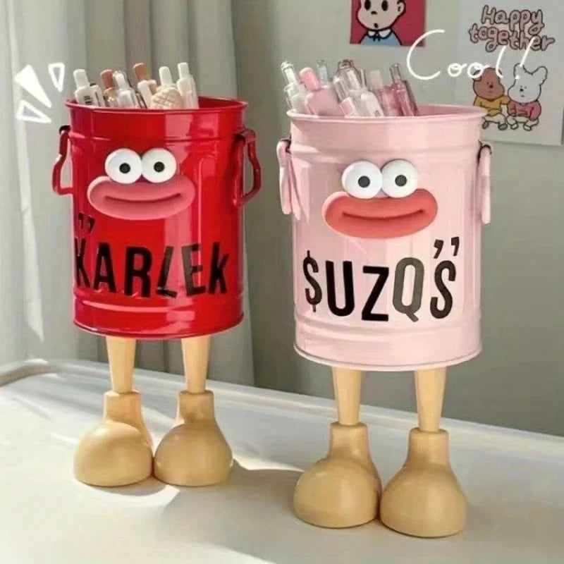 Porte-Stylos Seau Cartoon – Yeux & Pieds en Bois – DIY Stickers Inclus – 4 Coloris