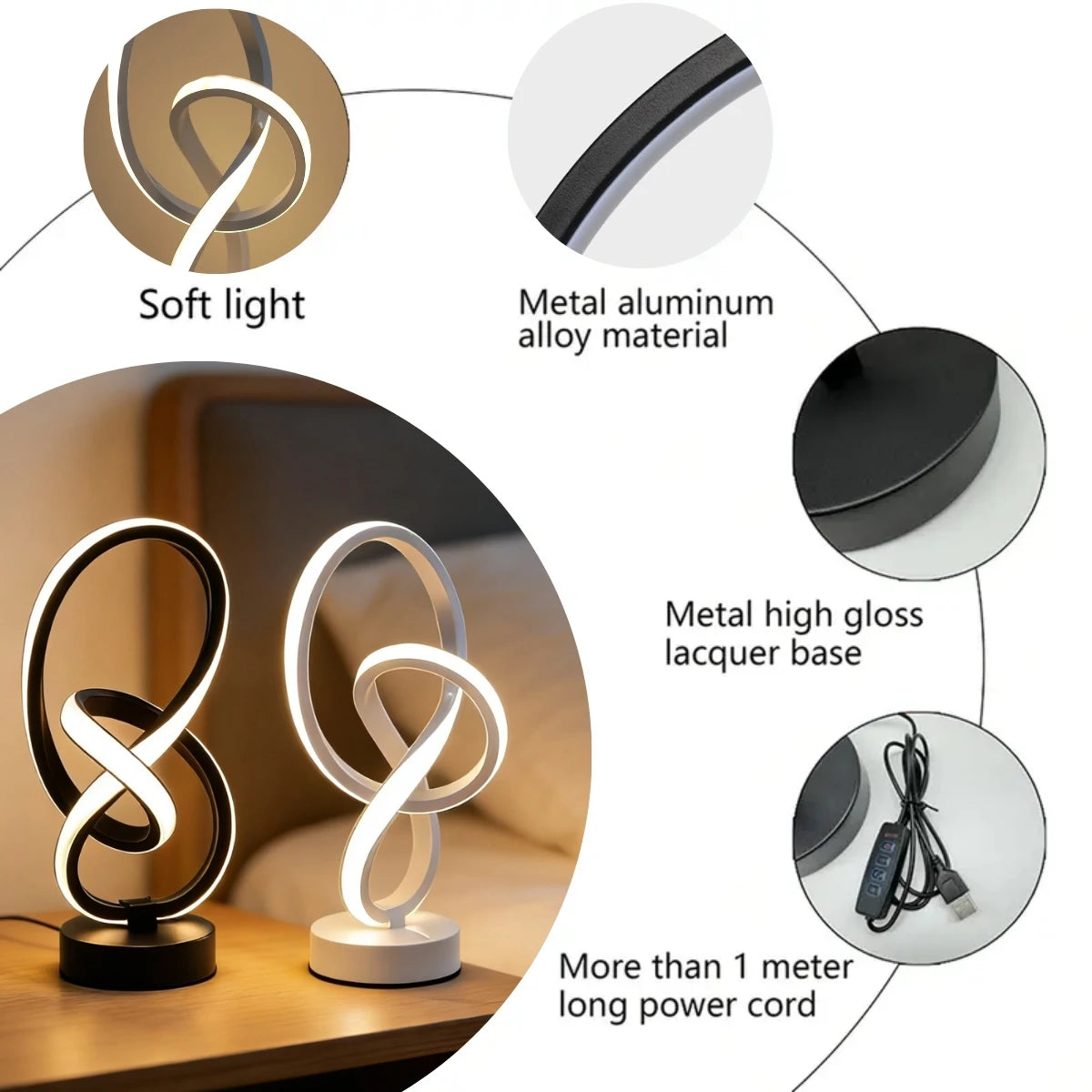 Lampe de Bureau LED USB – 3 Couleurs de Lumière, Dimmable, Déco Chambre & Bureau, Noir ou Blanc