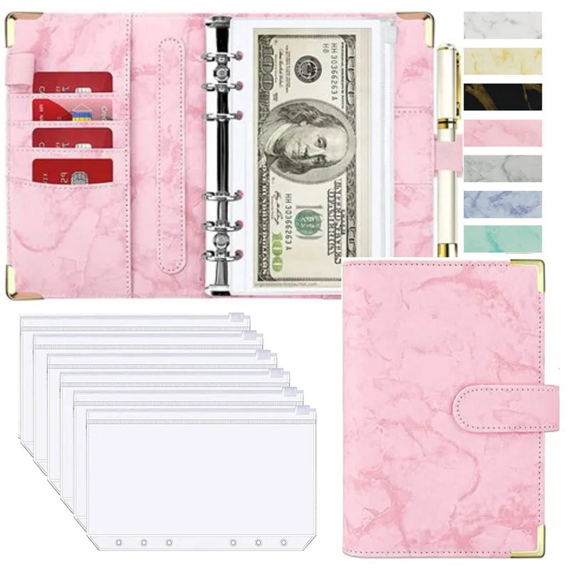 Organiseur Budget A6 en Cuir PU – Design Marbre, Pochettes & Porte-Cartes – Gestion Finances