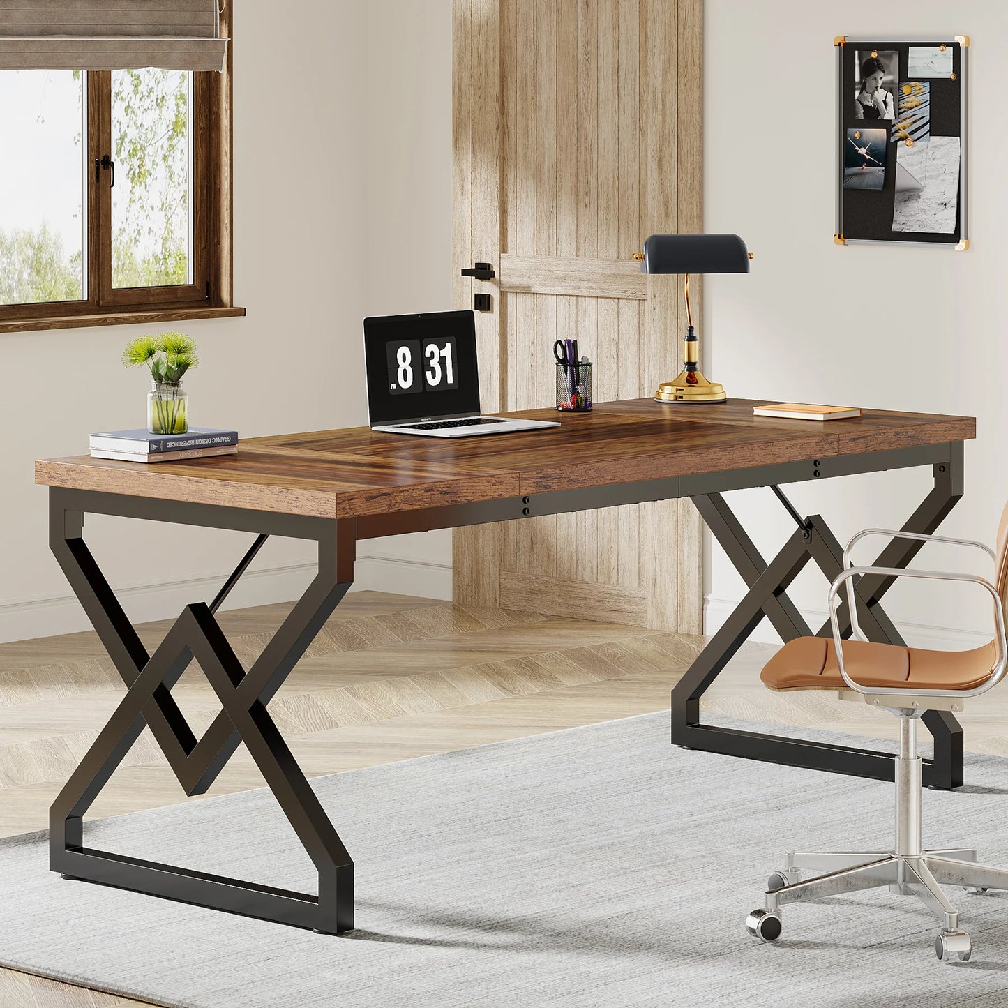 Bureau Exécutif Tribesigns 160cm – Grand Bureau Informatique, Plateau Bois Épais, Pieds Métal, Chêne