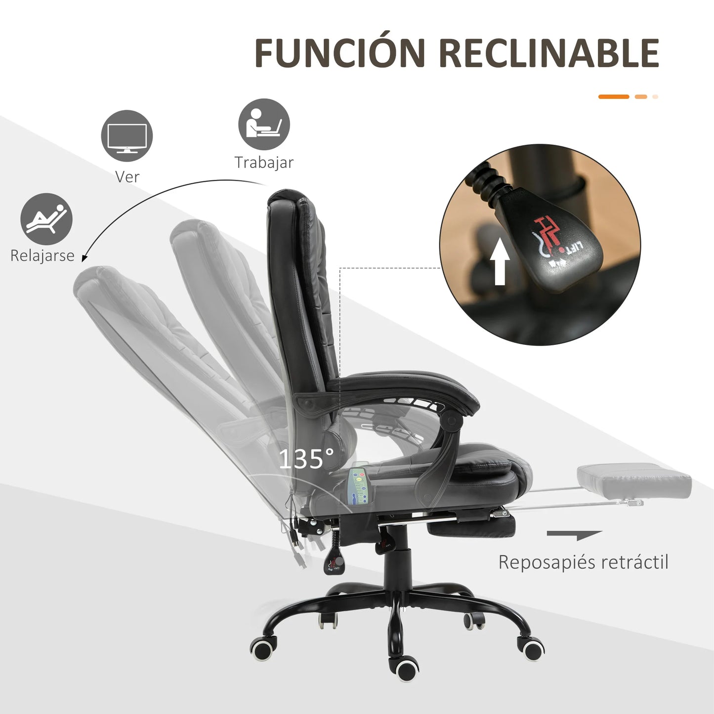 Chaise de Bureau Massante Vinsetto – 7 Points de Massage, Repose-pieds Rétractable, Dossier 155°