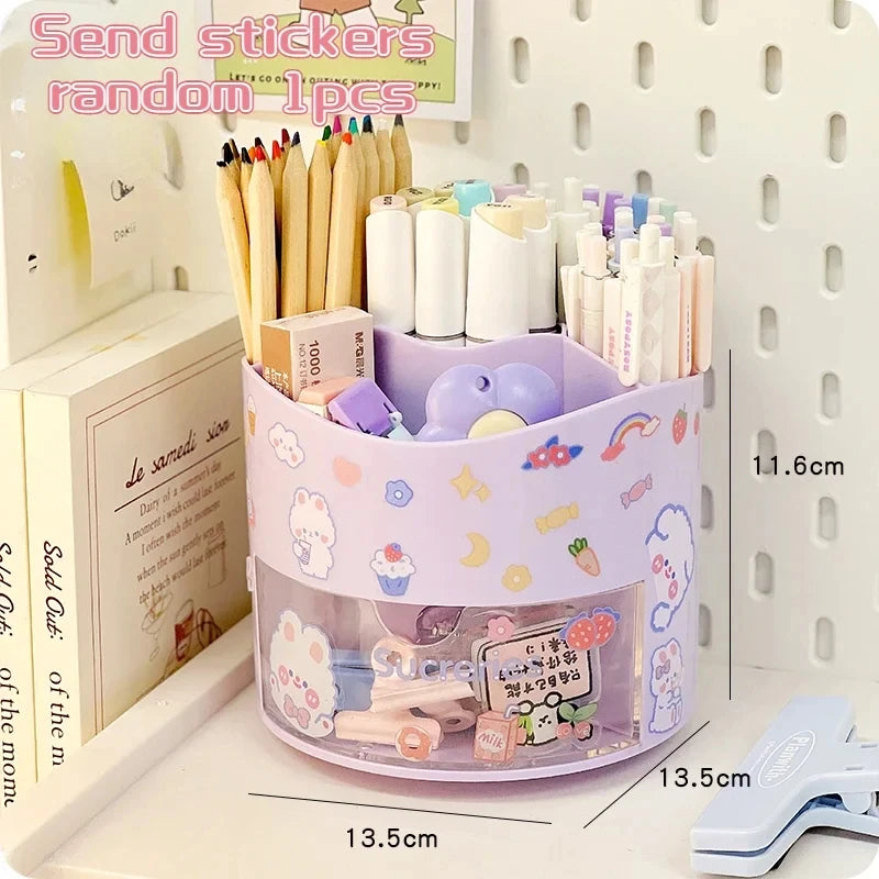 Porte-Stylos Rotatif avec Tiroir – Style Kawaii – Organiseur Bureau – 10 Coloris Pastel