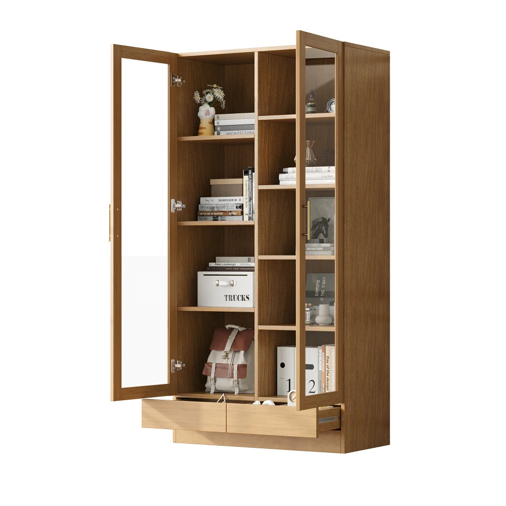 Bibliothèque Vitrine Multifonction 80x40x160 cm – Étagères Fixes, Tiroirs Push-to-Open, Couleur Bois