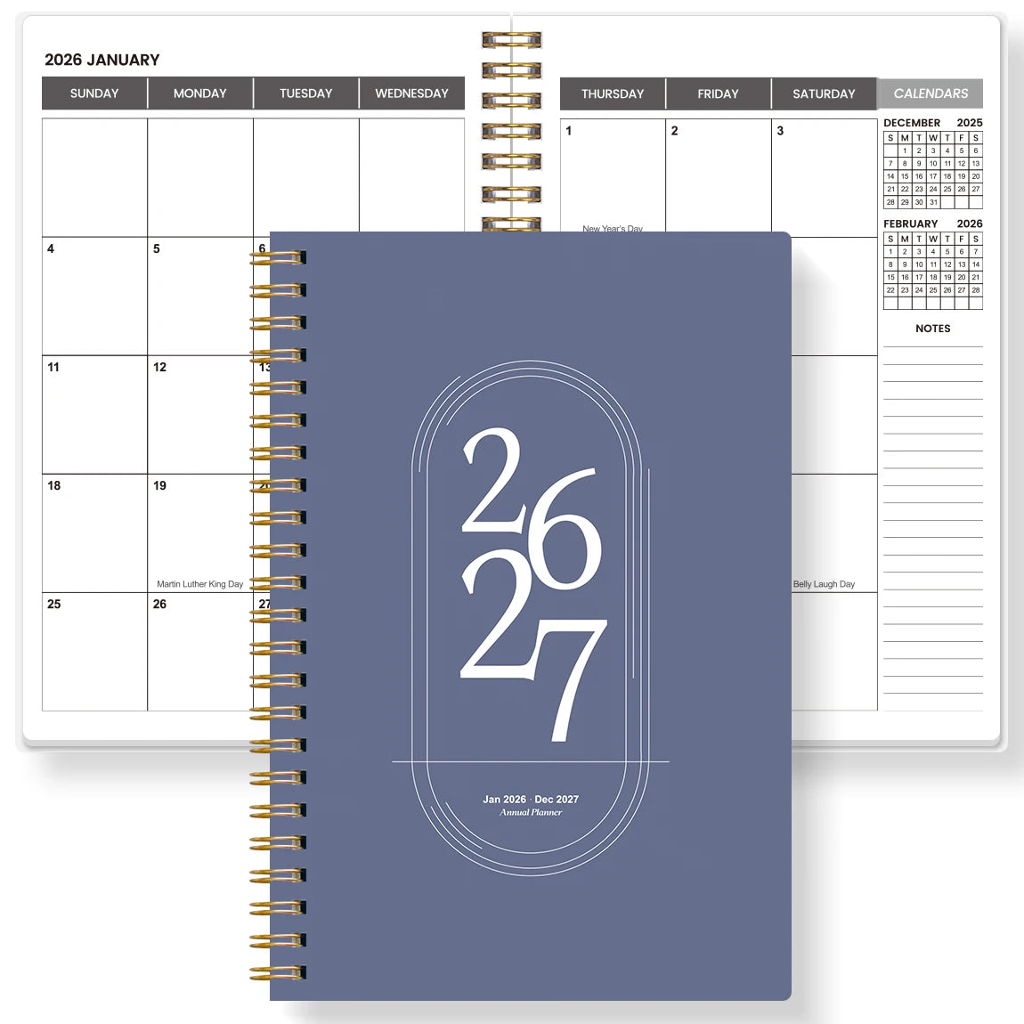 Agenda Planner A5 2026-2027 – Hebdomadaire & Mensuel, Spirale Dorée, 9 Coloris