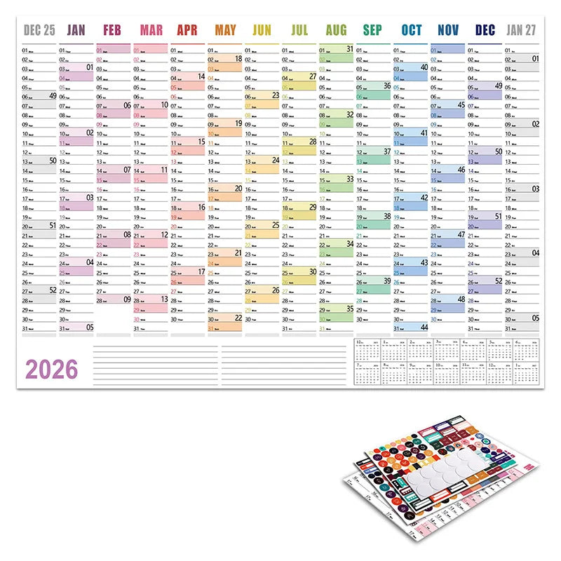 Calendrier Mural 2026 – Planificateur Annuel 365 Jours – Format Affiche – 8 Coloris