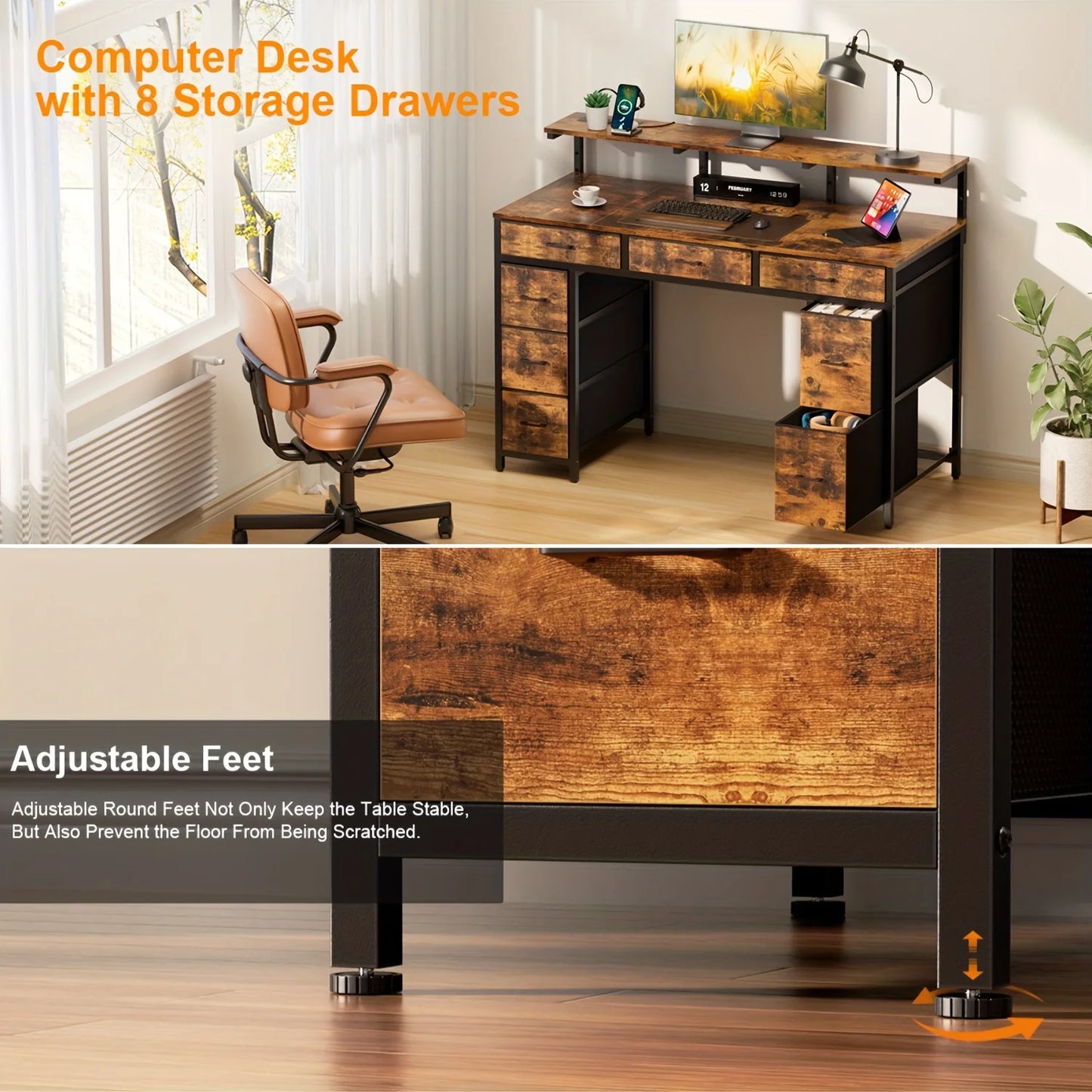 Bureau d'Ordinateur FRODROVIA 120 cm – 8 Tiroirs, LED RGB, Support Écran Réglable, 2 Prises + 2 USB