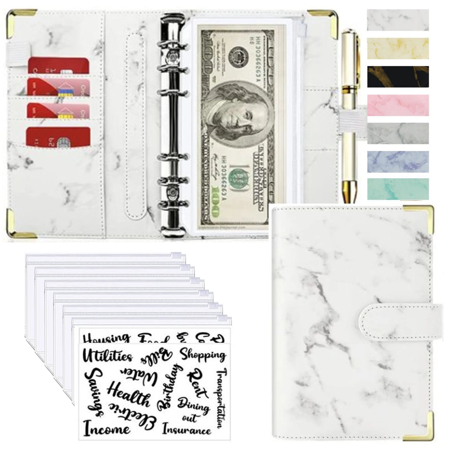 Organiseur Budget A6 en Cuir PU – Design Marbre, Pochettes & Porte-Cartes – Gestion Finances