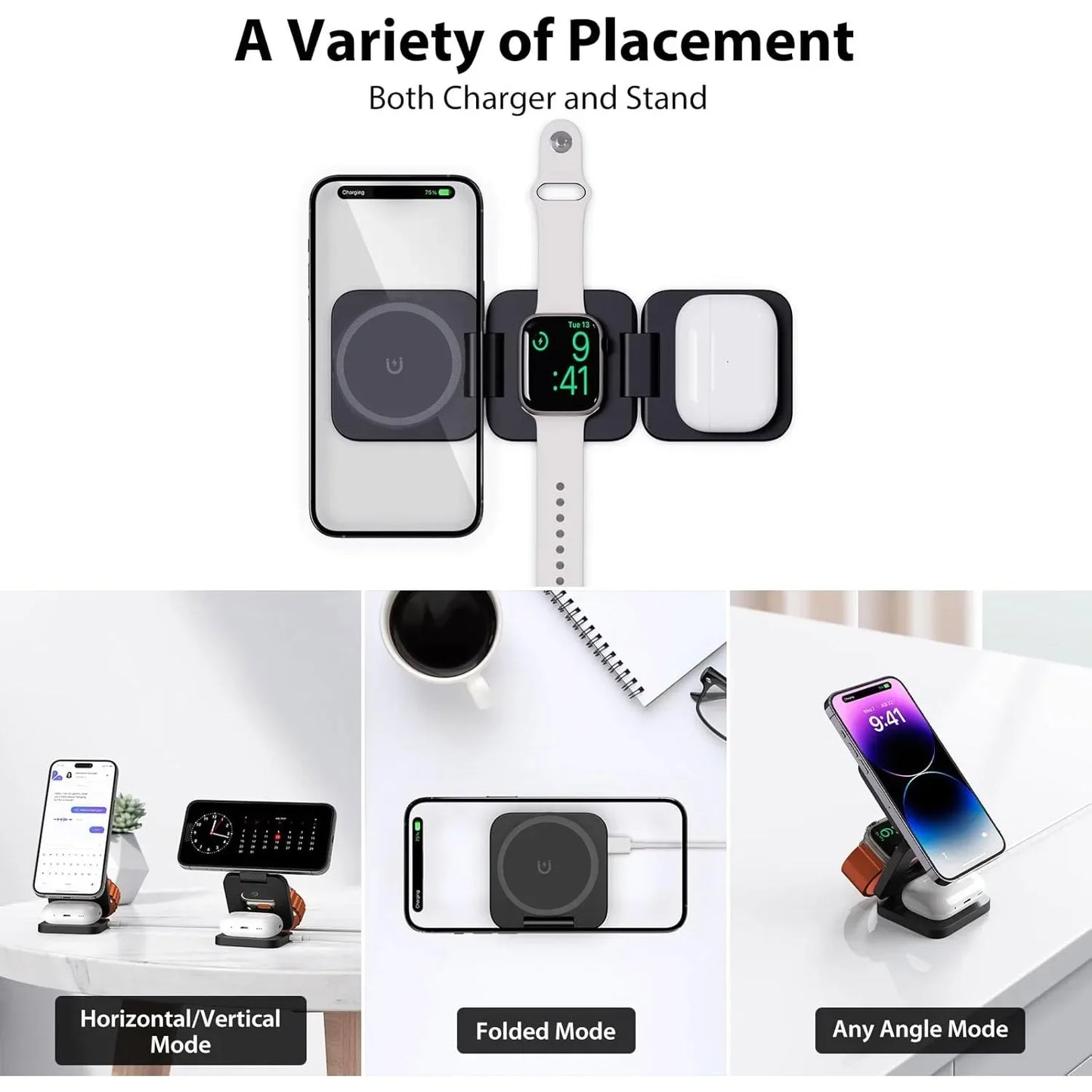Chargeur Sans Fil 3-en-1 Pliable Magnétique – iPhone, Apple Watch & AirPods, Charge Rapide