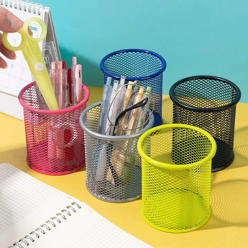 Pot à Crayons en Métal Maillé – Rond ou Carré, 5 Couleurs, Organiseur Bureau