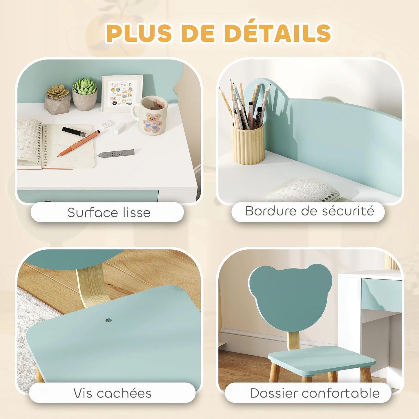 Ensemble Bureau + Chaise Enfant AIYAPLAY – Plateau 80 cm, Tiroir, Porte-documents Ourson, Vert, 3-8 ans