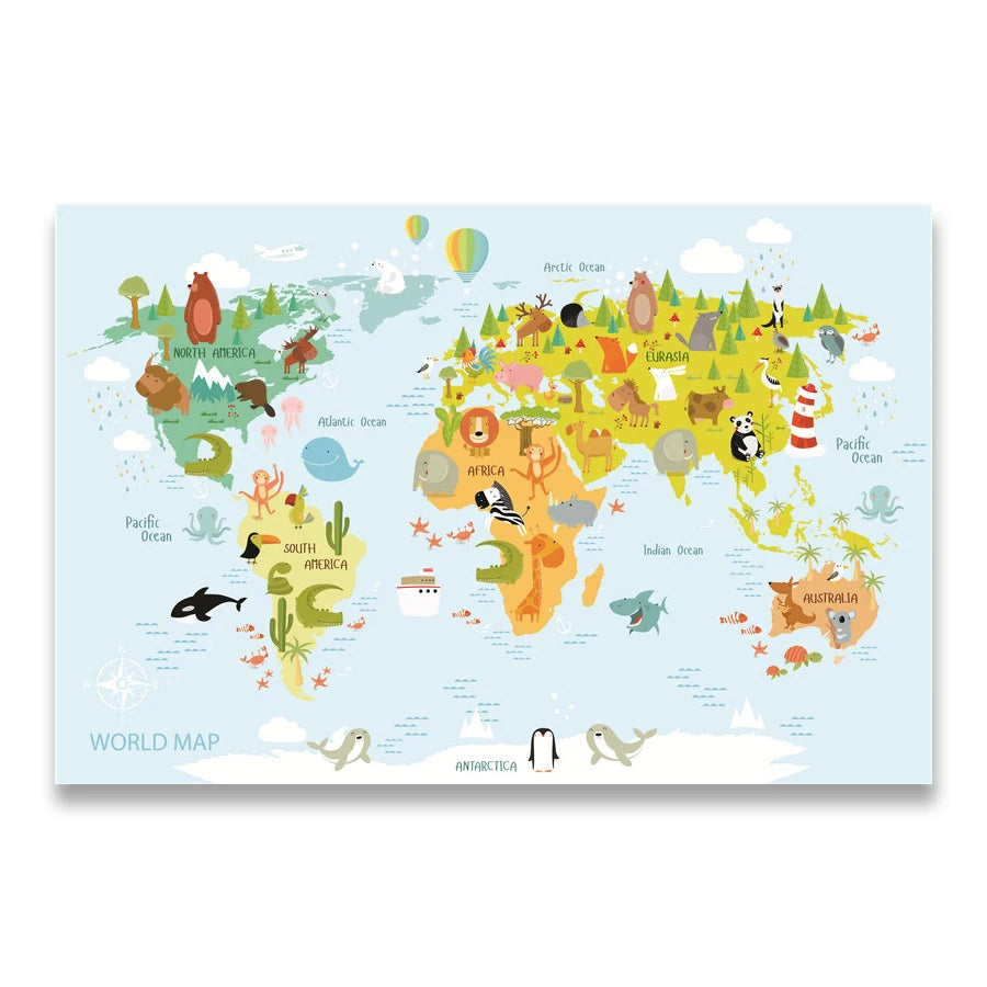 Poster Éducatif Enfant – Carte du Monde & Animaux, Impression Canvas, 14 Tailles, 2 Designs