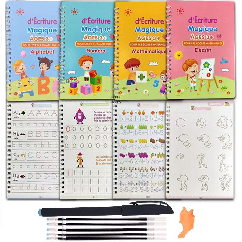 Cahiers d’Écriture Magique Française – Lot de 4 – Alphabet & Dessin – Enfants 3-8 ans
