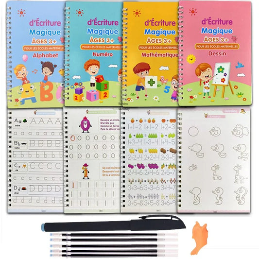 Cahiers d’Écriture Magique Française – Lot de 4 – Alphabet & Dessin – Enfants 3-8 ans