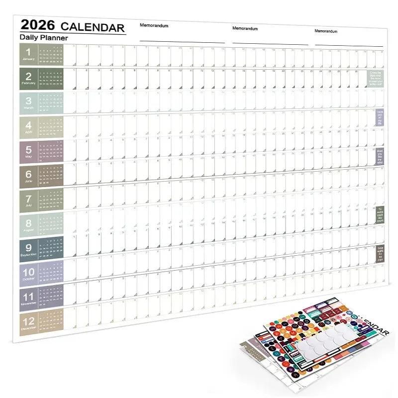Calendrier Mural 2026 – Planificateur Annuel 365 Jours – Format Affiche – 8 Coloris