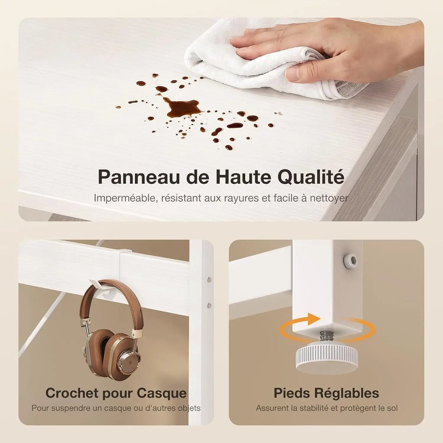 Bureau d'écriture Coleshome avec 3 tiroirs en tissu – Prises USB intégrées, 120x48x75,5 cm