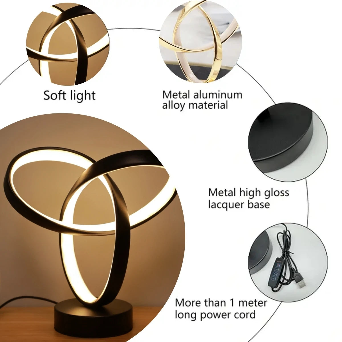 Lampe de Bureau Design Moderne USB – 3 Couleurs de Lumière, Art Créatif, Chambre & Bureau, Noir ou Or