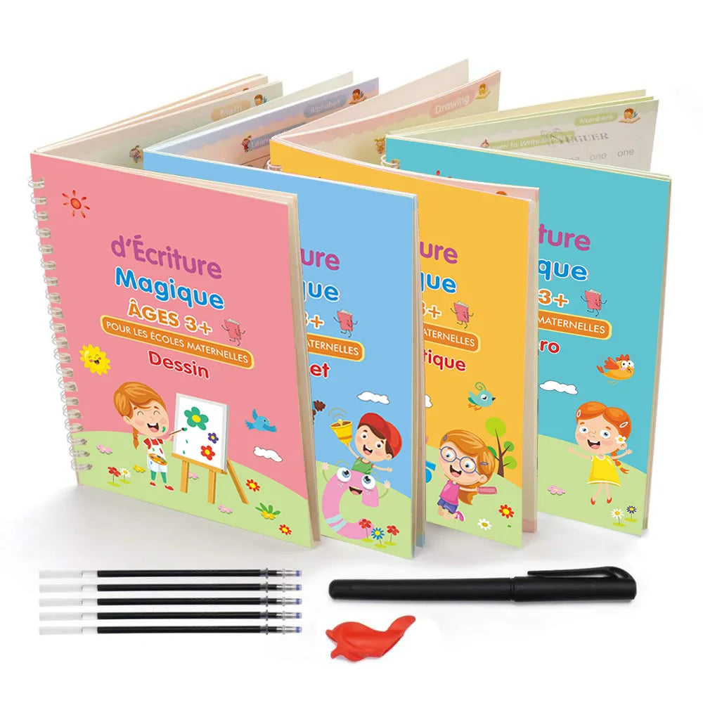 Cahiers d’Écriture Magique Française – Lot de 4 – Alphabet & Dessin – Enfants 3-8 ans