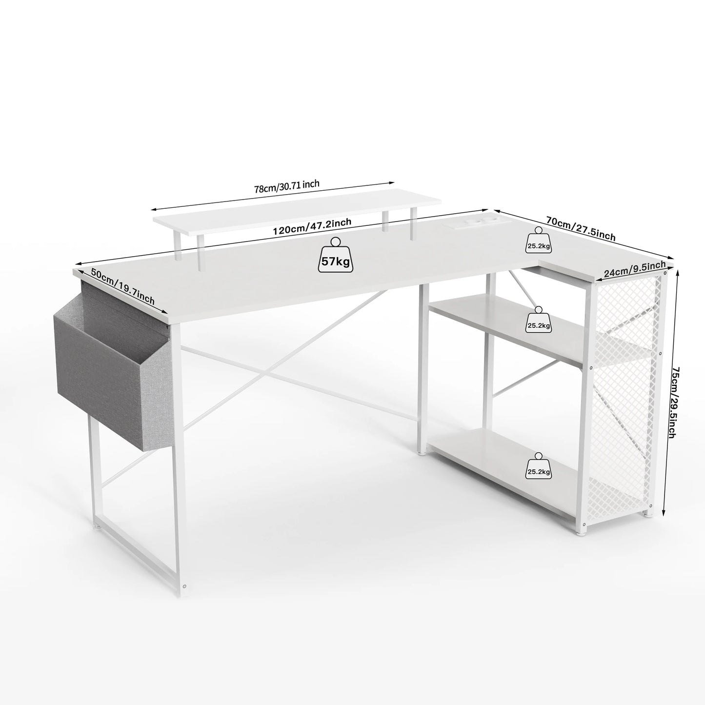Bureau Gaming en L – Angle, Prise Secteur & USB, Tablette Moniteur, Noir Blanc Marron