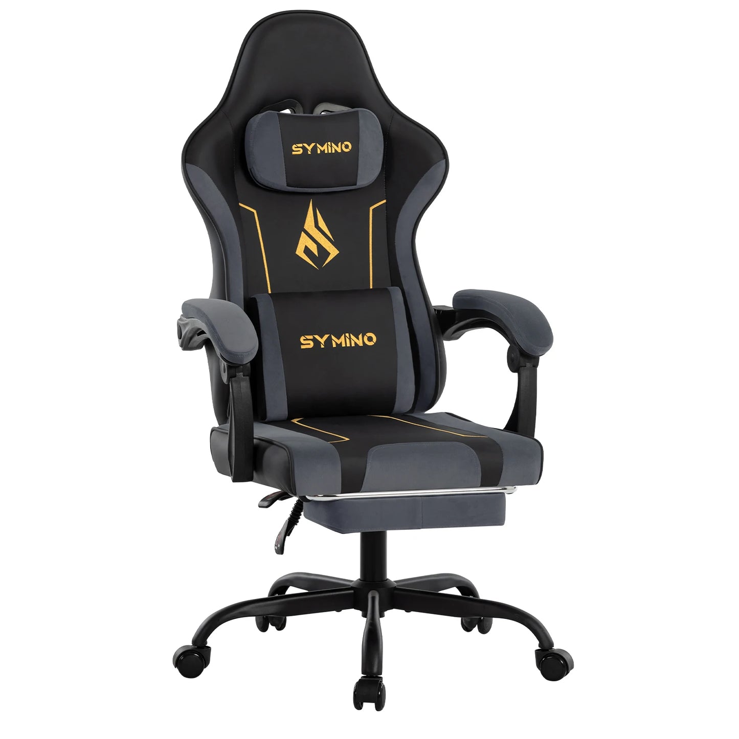 Chaise Gaming Ergonomique SYMINO – Coussin Latex, Repose-Pieds, Style Racing, 130kg, Gris & Noir