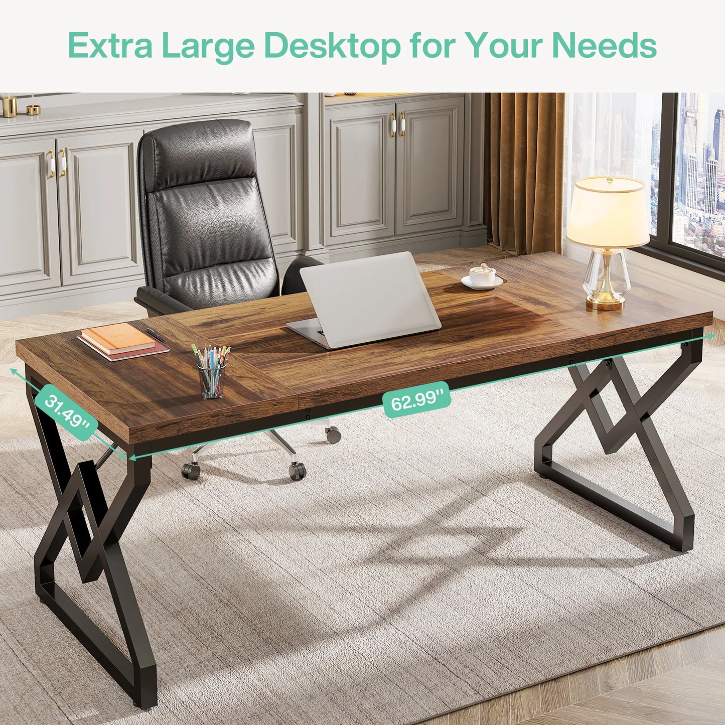 Bureau Exécutif Tribesigns 160cm – Grand Bureau Informatique, Plateau Bois Épais, Pieds Métal, Chêne