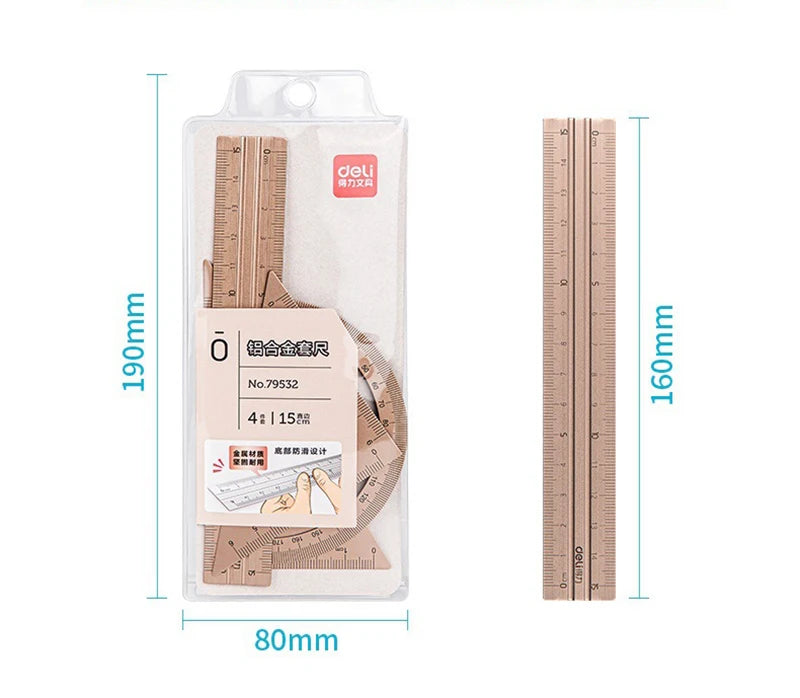 Set 4 Pièces Règles Métal Deli – Aluminium, Équerre, Rapporteur & Règle, Dessin & École