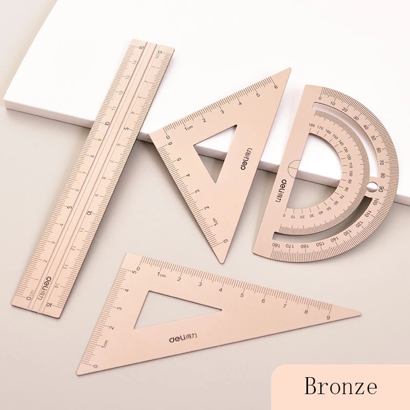 Set 4 Pièces Règles Métal Deli – Aluminium, Équerre, Rapporteur & Règle, Dessin & École