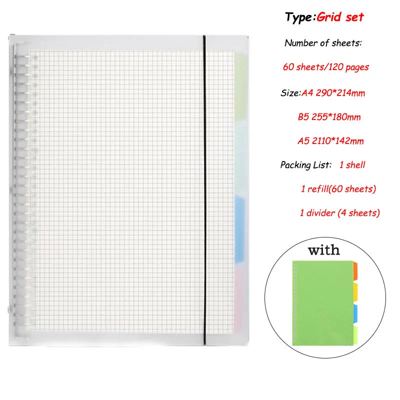 Classeur à Feuilles Mobiles A4, A5 ou B5 – 60 Feuilles – Couverture PVC – Ligné, Quadrillé, Vierge, Cornell & Anglais