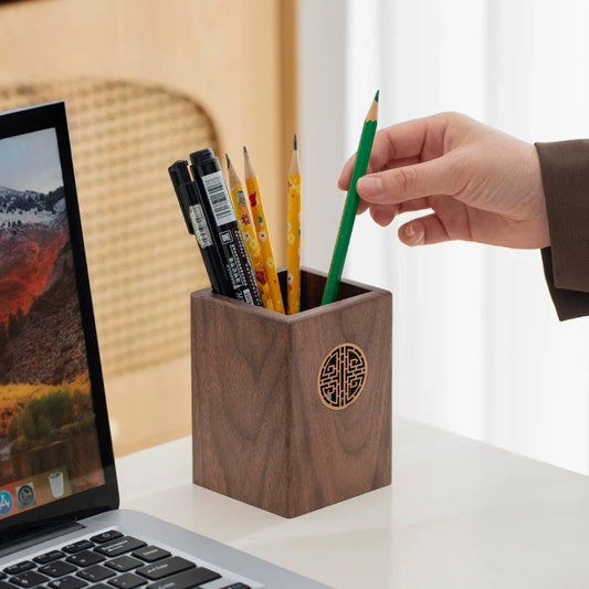 Porte-Stylo en Bois Massif Sculpté – Organiseur Bureau Style Chinois, 6 Modèles
