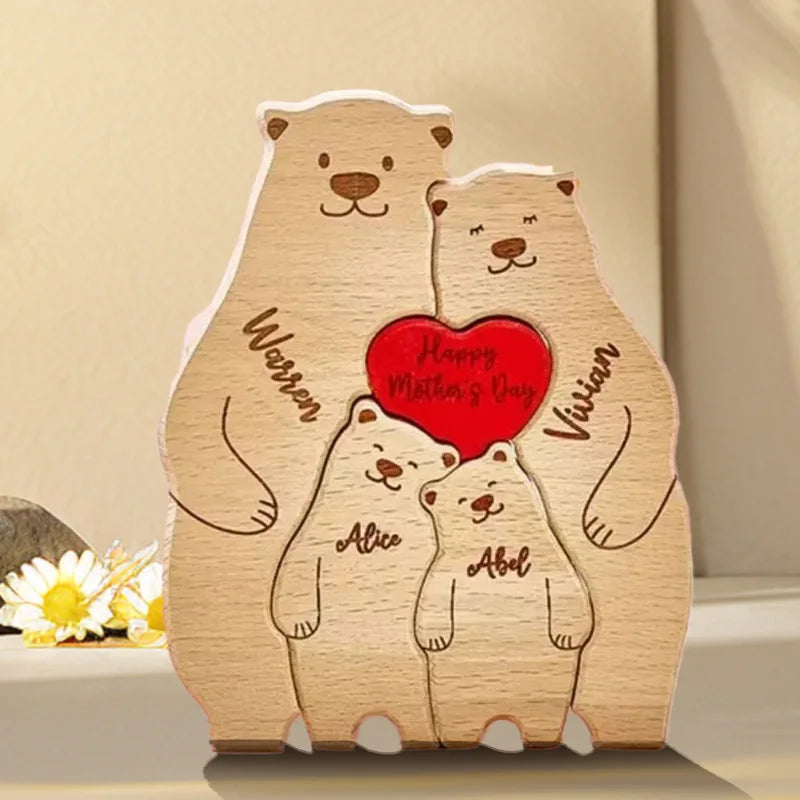 Puzzle en Bois Personnalisé Famille – Oursons avec Prénoms Gravés
