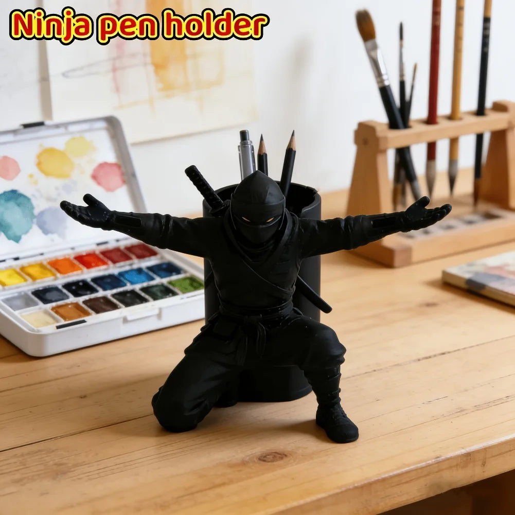 Porte-Stylo Samouraï Ninja – Organiseur Bureau Design 3D, Déco Japonaise, Noir 9 cm