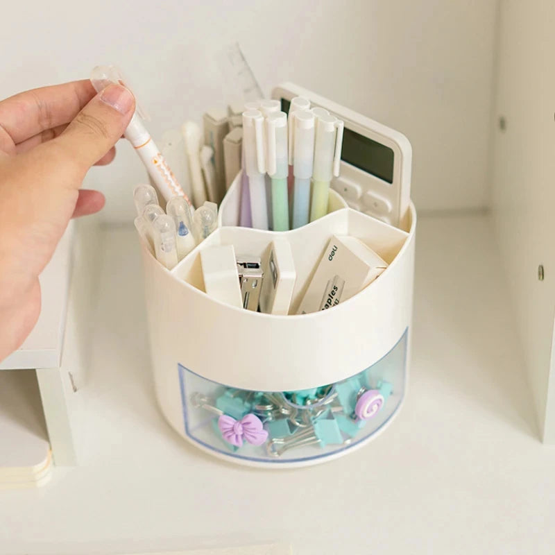 Porte-Stylos Rotatif avec Tiroir – Style Kawaii – Organiseur Bureau – 10 Coloris Pastel