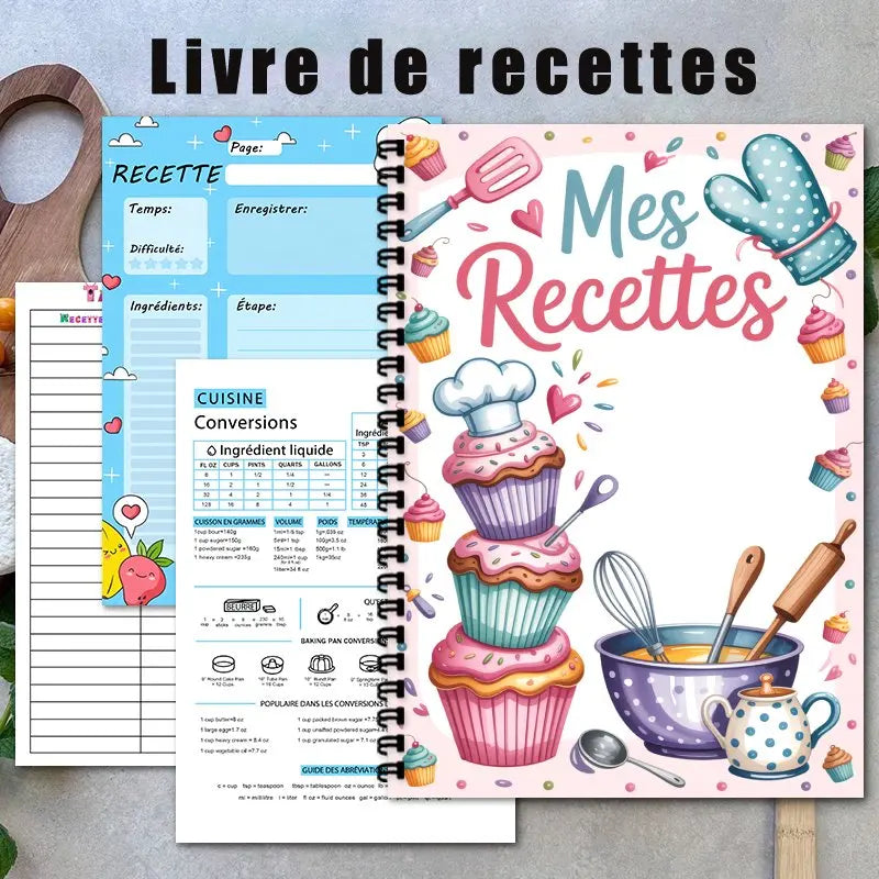 Cahier de Recettes A5 à Spirale – 100 Recettes, Thème Pâtisserie