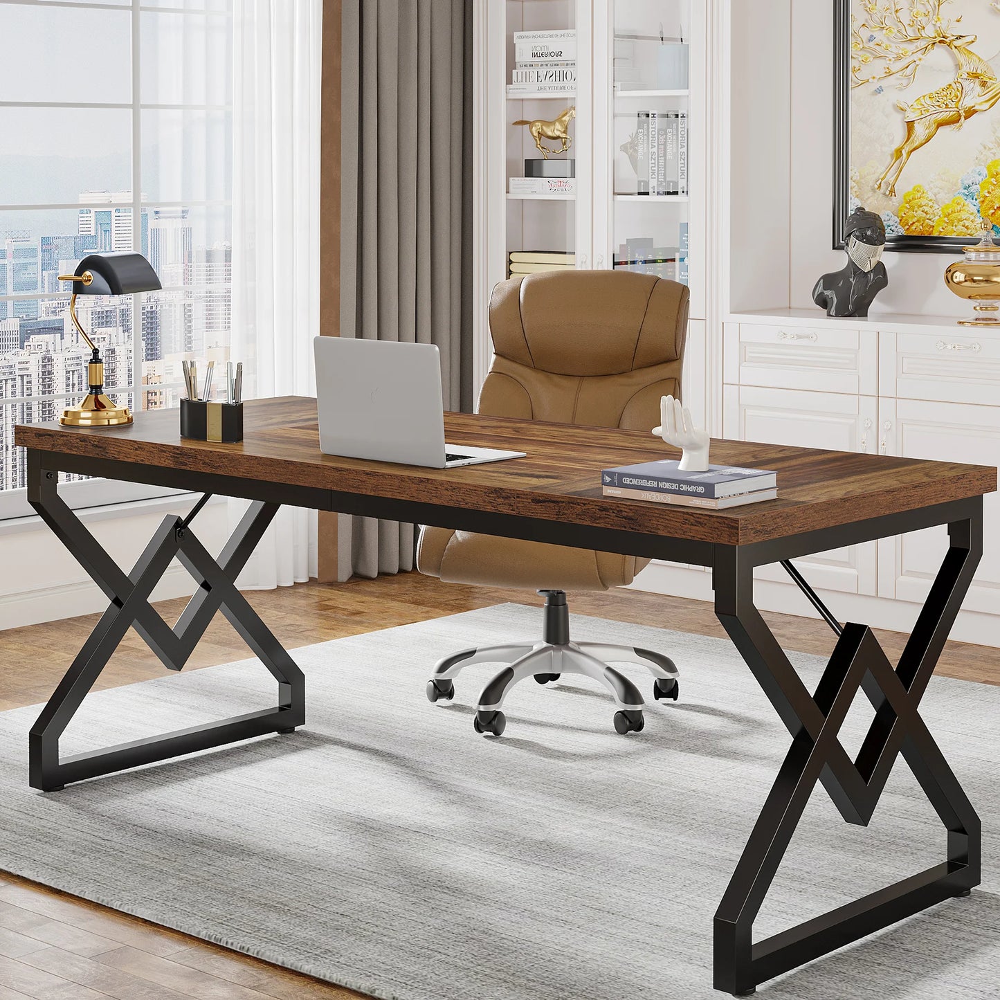 Bureau Exécutif Tribesigns 160cm – Grand Bureau Informatique, Plateau Bois Épais, Pieds Métal, Chêne