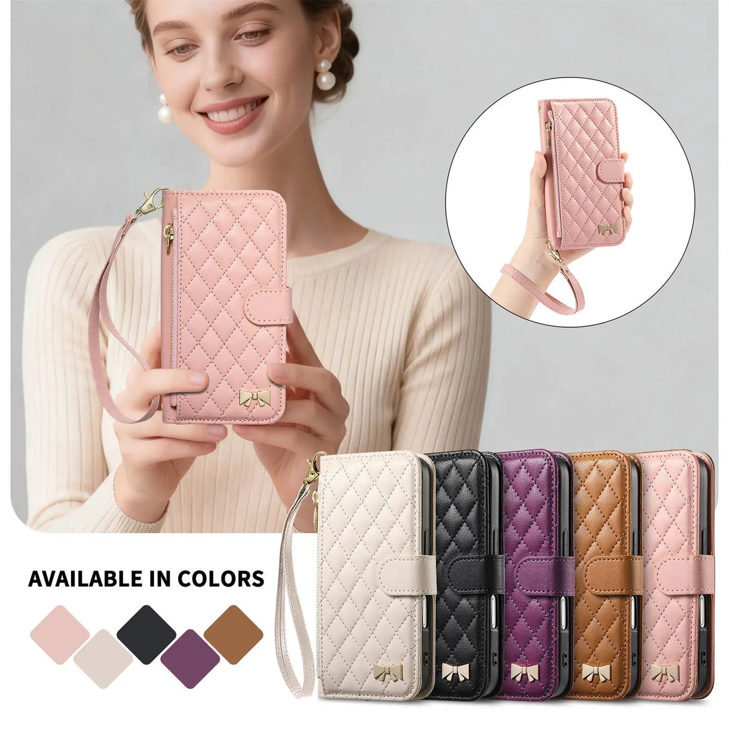 Coque Portefeuille en Cuir Matelassé – Style Sac à Main – iPhone 12 à 17 – 5 Coloris