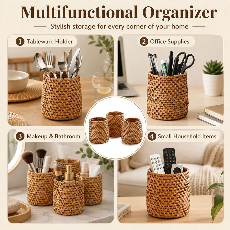 Organiseur Multifonction en Rotin Tressé – Style Bohème Naturel – Bureau, Cuisine & Salle de Bain