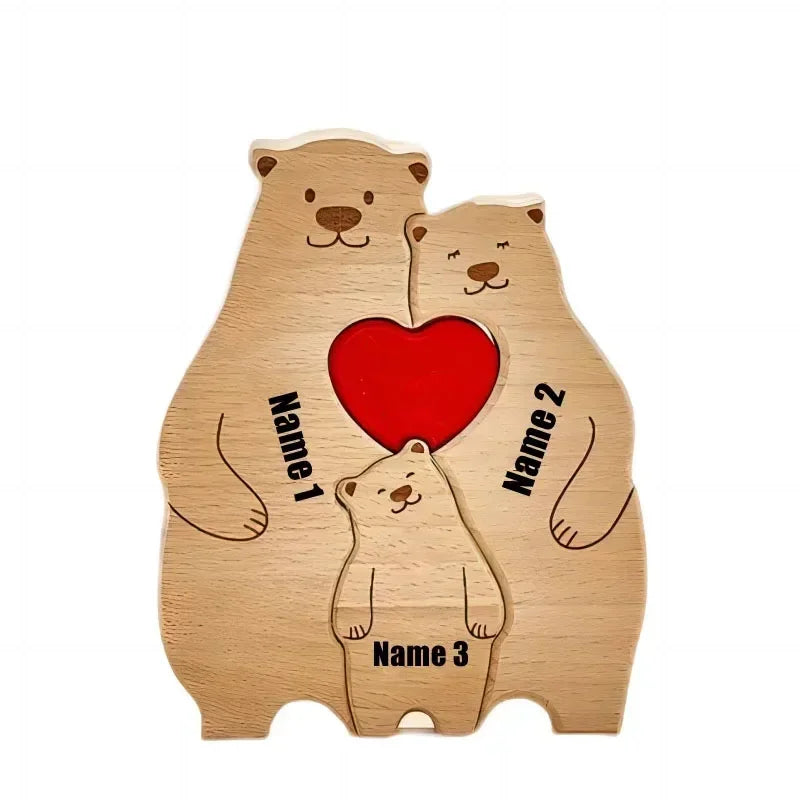 Puzzle en Bois Personnalisé Famille – Oursons avec Prénoms Gravés