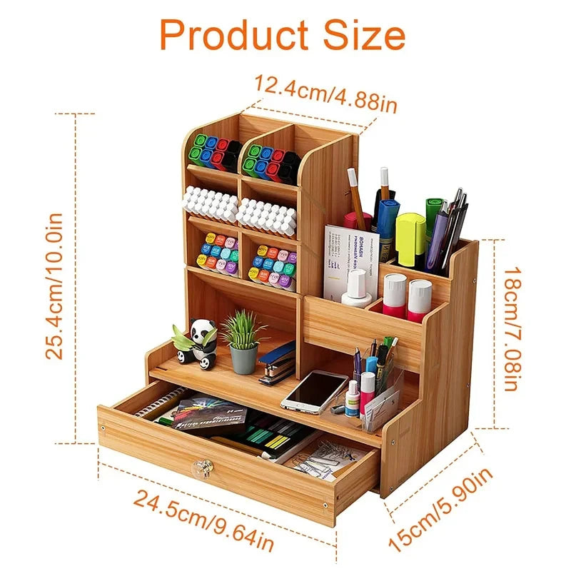 Organiseur de Bureau en Bois DIY – Porte-Stylos avec Tiroir, Grande Capacité, Noir ou Bois de Cerisier