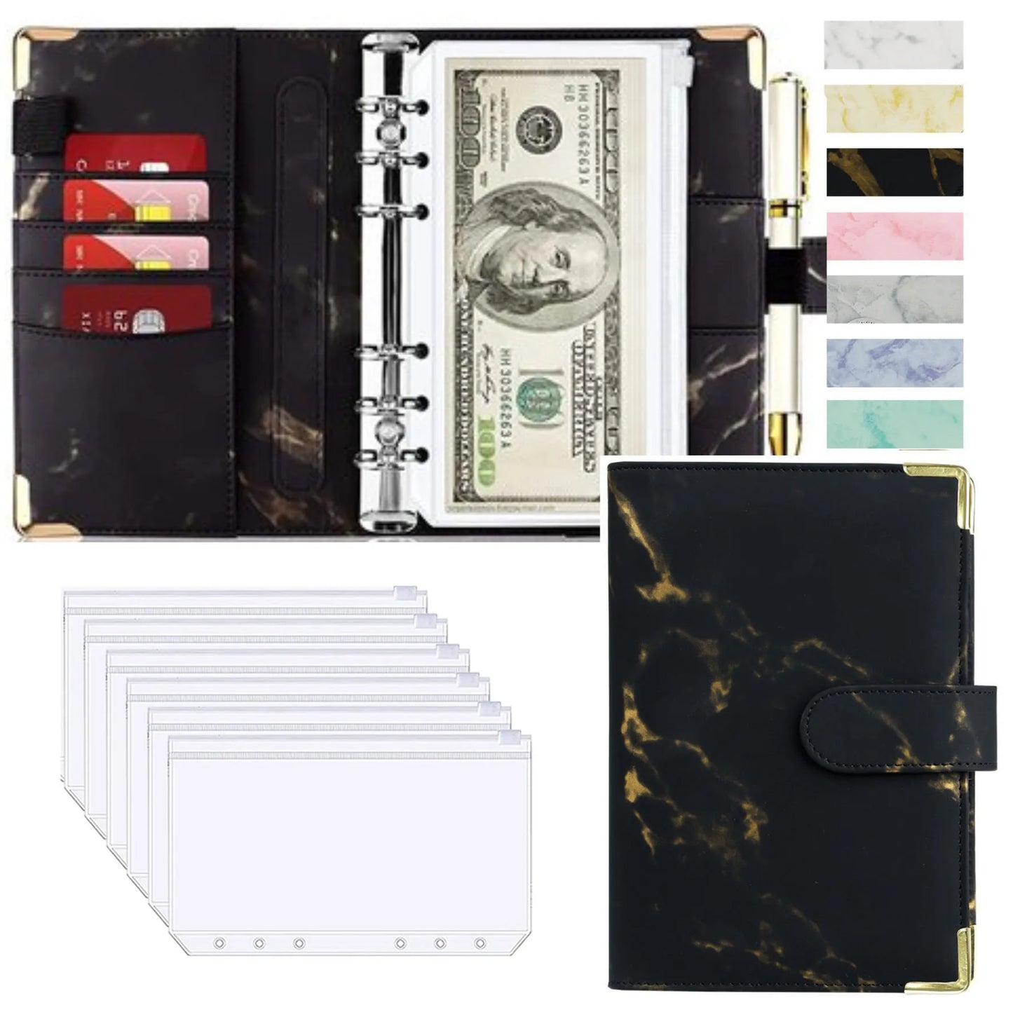Organiseur Budget A6 en Cuir PU – Design Marbre, Pochettes & Porte-Cartes – Gestion Finances